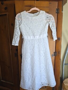 Us Angels White Lace A-Line Dress with Three-Quarter Sleeves